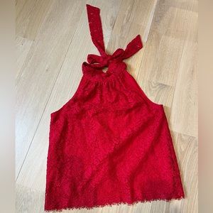 Red lace high neck tie top